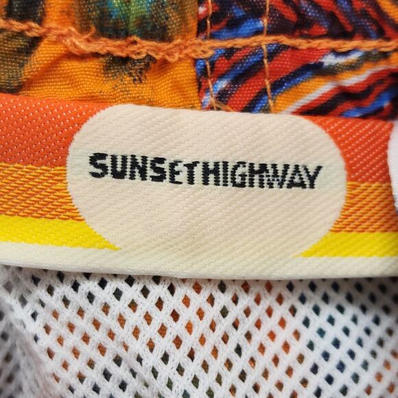 Vintage Sunset Highway Swim Trunks Mens M Orange Tribal Floral Surf Lined Shorts - Picture 3 of 10